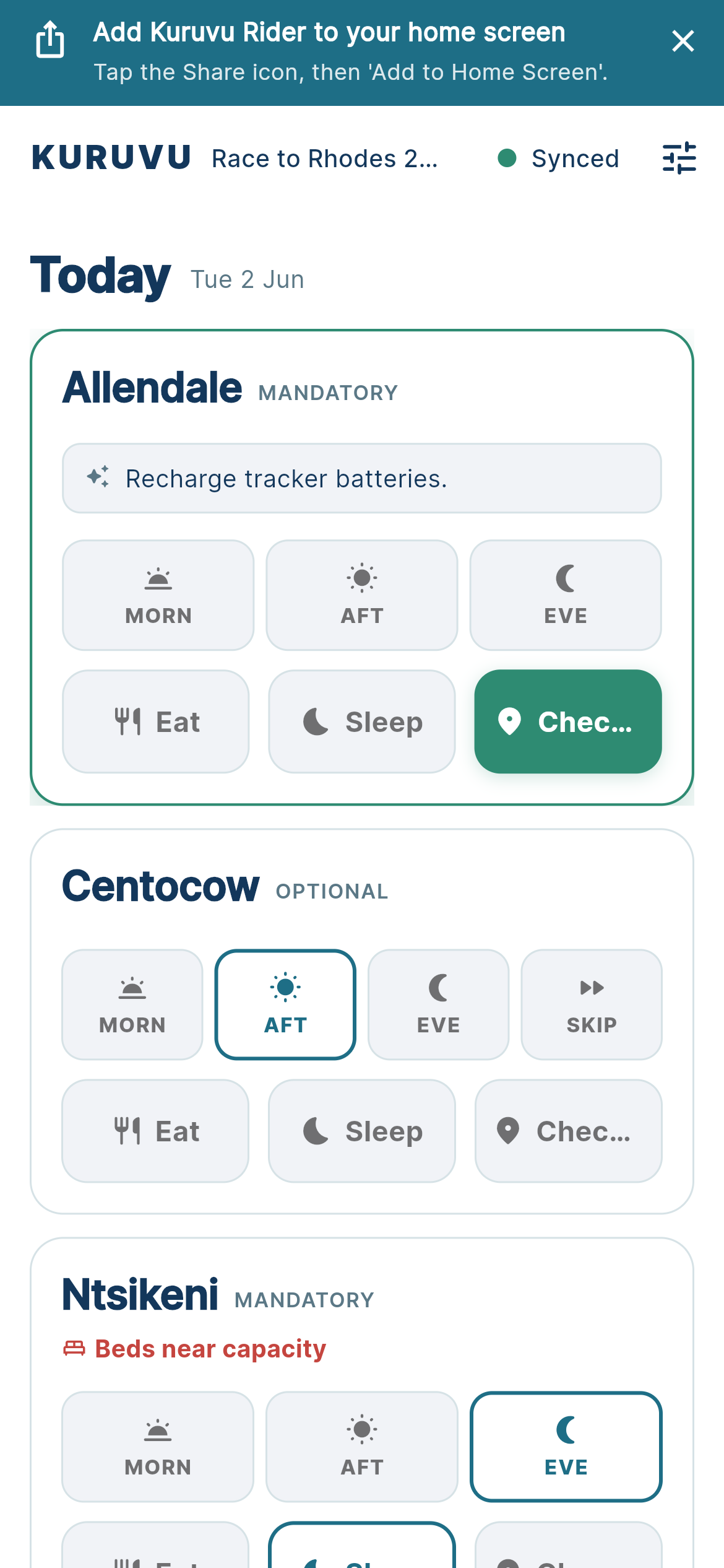 Safari showing the app's hint 'Add Kuruvu Rider to your home screen — Tap the Share icon, then Add to Home Screen', over the planner