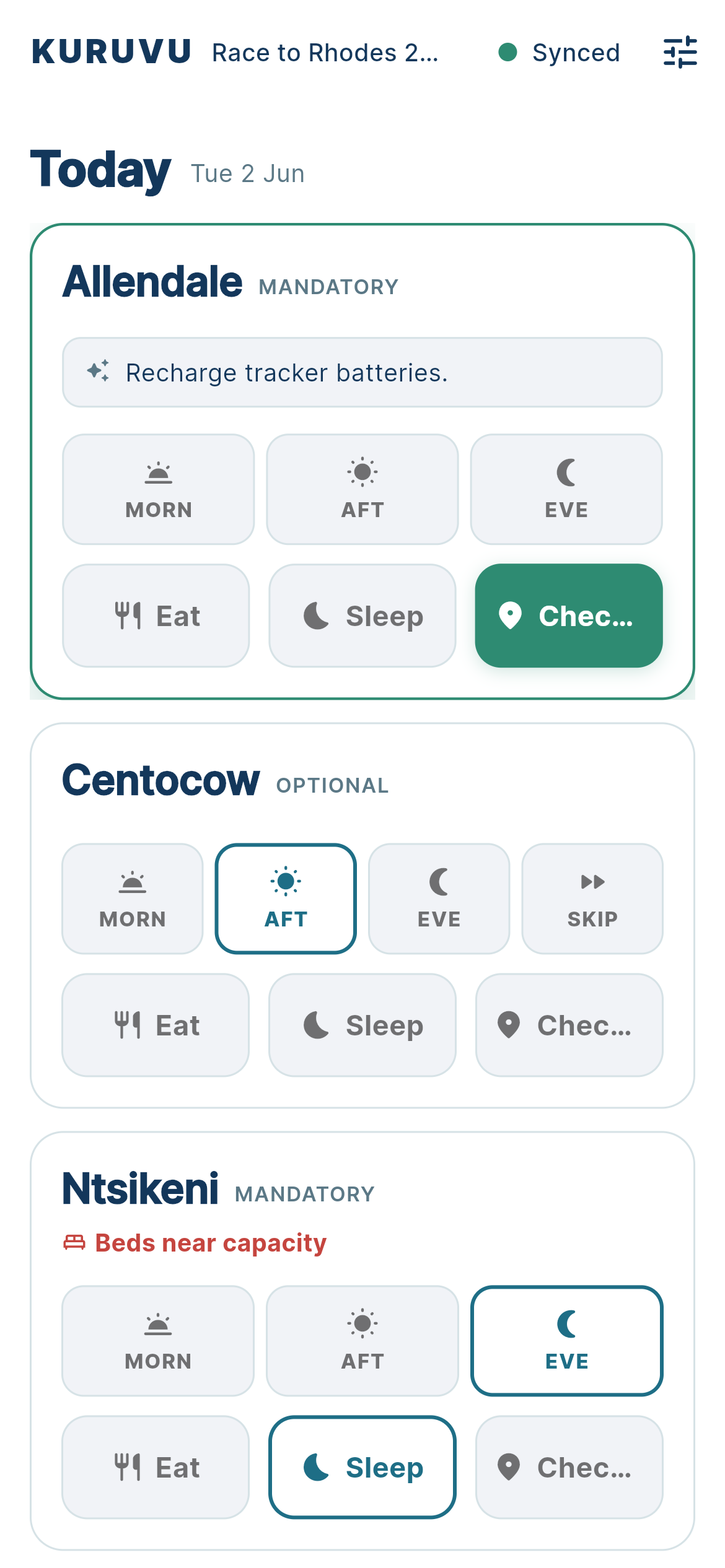 The Kuruvu rider app planner showing the day's support stations and controls